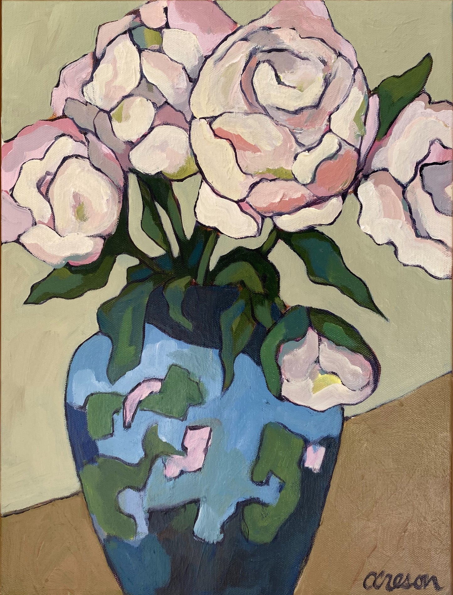 Peonies in Blue & Green Vase