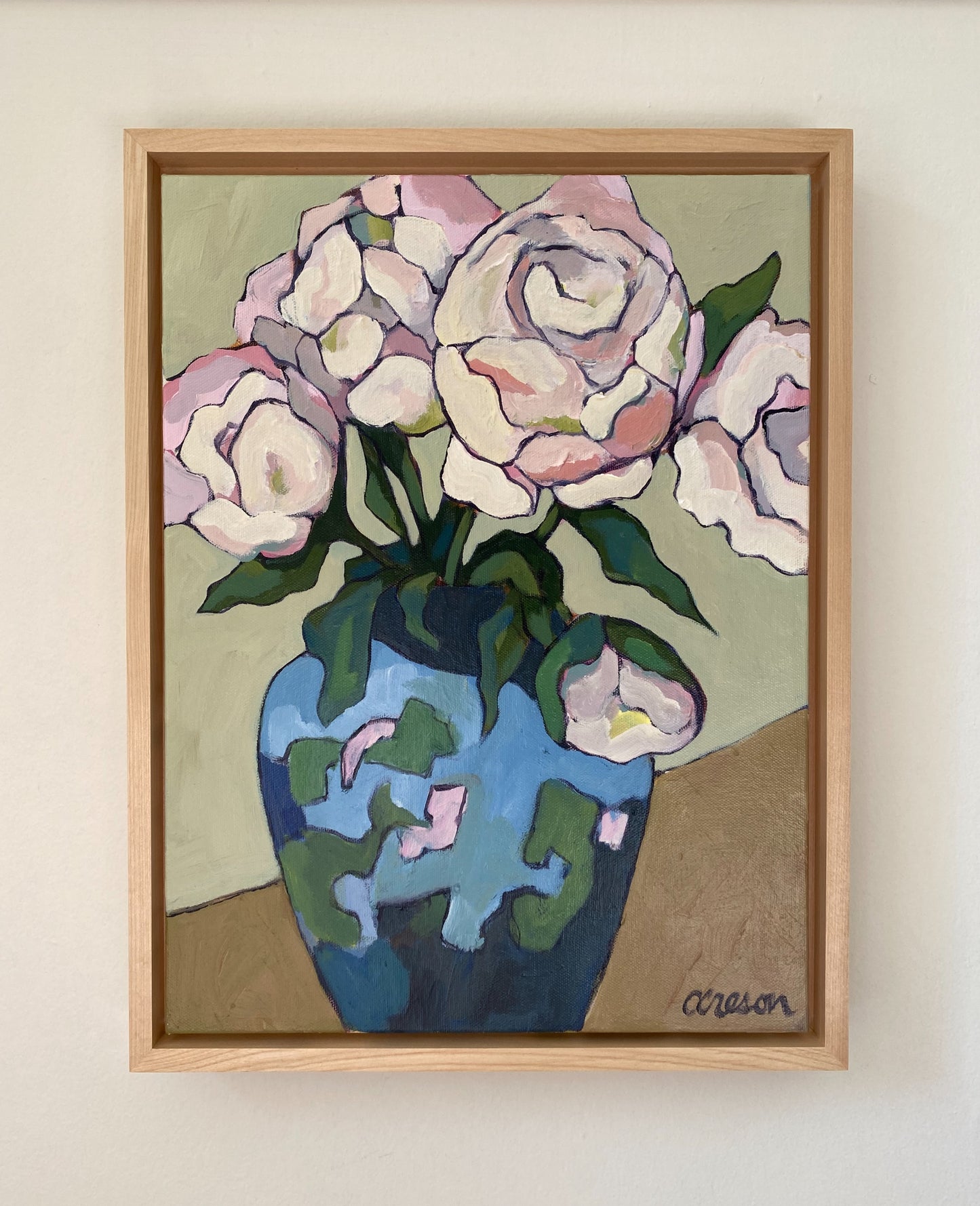 Peonies in Blue & Green Vase