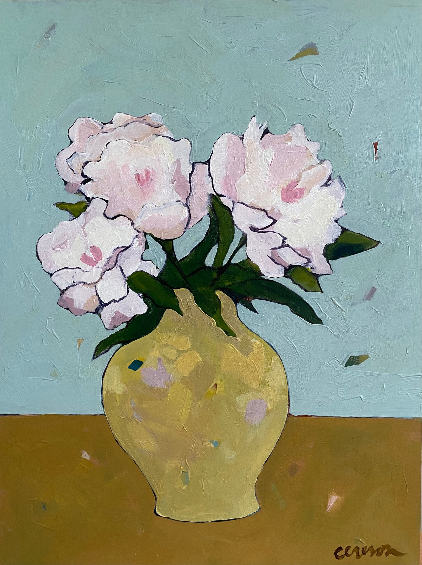 Peonies In Yellow Vase
